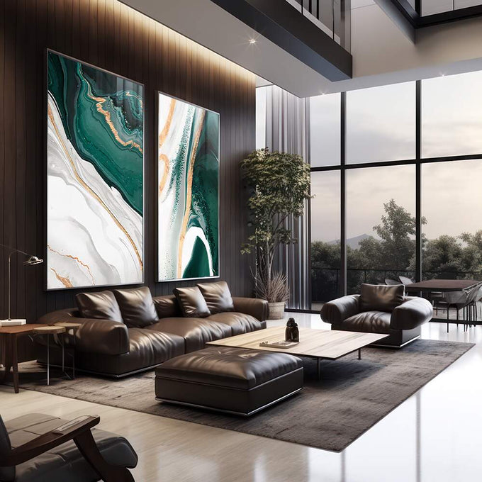 Quadro Decorativo Luxo em Mármore: Esmeralda e Dourado | quadros decorativos | Paisagem aérea com águas verdes esmeralda, areia clara e detalhes dourados em duas composições | em Quadros para Escritorio | Porao dos Quadros