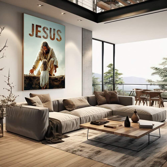 Quadro Decorativo Espiritualidade e Acolhimento | quadros decorativos | Figura espiritual estendendo mão para criança em cenário árido com céu nublado, tons terrosos | em Quadros para Escritorio | Porao dos Quadros