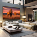 Quadro Decorativo Leão Majestoso | quadros decorativos | Leão majestoso caminhando pela savana dourada ao entardecer com céu em chamas | em Quadros para Escritorio | Porao dos Quadros