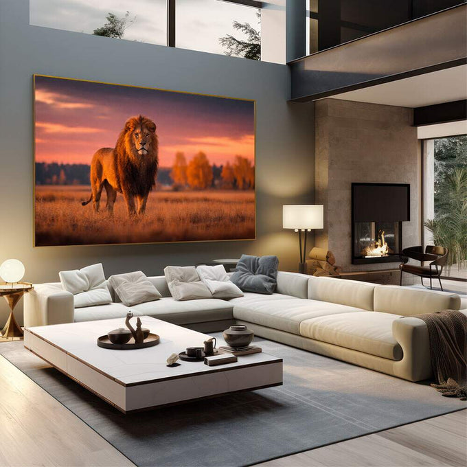 Quadro Decorativo Leão Majestoso | quadros decorativos | Leão majestoso caminhando pela savana dourada ao entardecer com céu em chamas | em Quadros para Escritorio | Porao dos Quadros