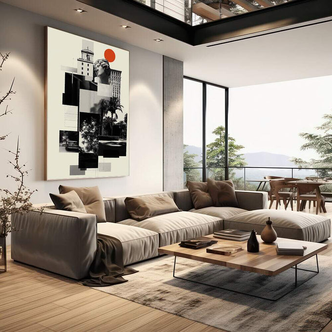 Quadro Decorativo Minimalista Moderno | quadros decorativos | Colagem urbana com busto clássico, edifícios e círculo vermelho vibrante em tons preto e branco. | em Quadros para Escritorio | Porao dos Quadros