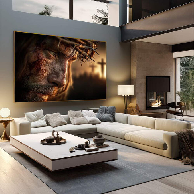 Quadro Decorativo Expressão de Luta | quadros decorativos | Figura religiosa em tons dourados e marrom com expressão serena sobre fundo escuro iluminado. | em Quadros para Escritorio | Porao dos Quadros