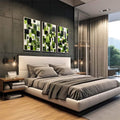 Quadro Decorativo Geométrico em Verde | quadros decorativos | Três telas com composição geométrica de formas arredondadas em verde vibrante, preto e branco com textura tecida. | em Quadros para Escritorio | Porao dos Quadros