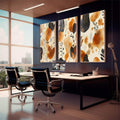 Quadro Decorativo Tripartite de Tons Terrosos para Ambientes Sofisticados | quadros decorativos | Triptical com flores abstratas em laranja queimado, preto e texturas pontilhadas em aquarela | em Quadros para Escritorio | Porao dos Quadros