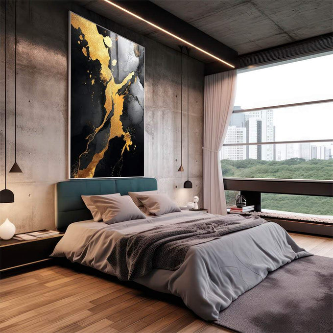 Quadro Decorativo Abstrato Luxuoso em Dourado e Preto Transforme Seu Ambiente | quadros decorativos | Mapa da Ásia em tons dourados e prateados sobre fundo preto com composição abstrata. | em Quadros para Escritorio | Porao dos Quadros