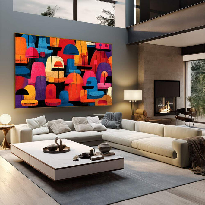Quadro Decorativo Abstrato Vibrante | quadros decorativos | Composição geométrica abstrata com cúpulas e semicírculos em laranja, azul, vermelho e rosa vibrantes sobre fundo preto. | em Quadros para Escritorio | Porao dos Quadros