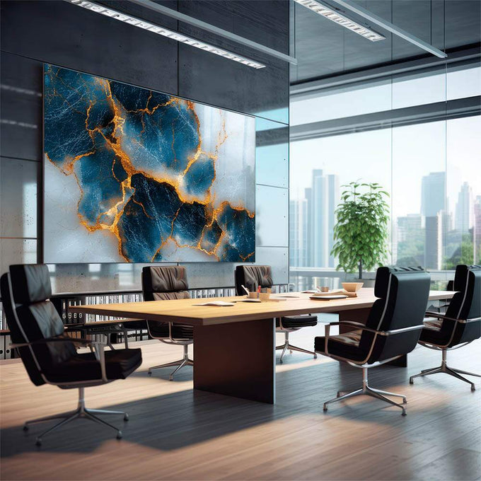 Quadro Decorativo Elegância Azul Dourado - Arte para Ambientes Sofisticados | quadros decorativos | Abstração com blocos azuis profundos cruzados por veios dourados luminosos e textura mineral | em Quadros para Escritorio | Porao dos Quadros