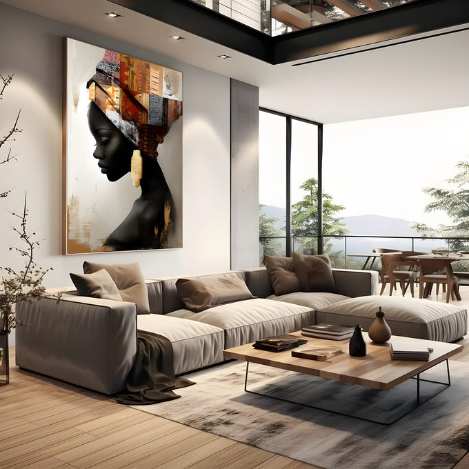 Perfil de mulher negra com turbante de padrões africanos coloridos e brinco dourado, quadro decorativo