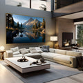 Lago de montanha espelhando picos iluminados pelo sol, pinheiros e pedras sob céu azul, quadro decorativo