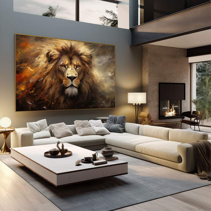 Quadro Decorativo Leão Majestoso | quadros decorativos | Leão majestoso com crina dourada e ocre em composição realista dramatizada | em Quadros para Escritorio | Porao dos Quadros
