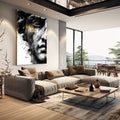Quadro Decorativo Elegância Abstrata | quadros decorativos | Rosto fragmentado em preto e dourado com respingos abstratos e técnica mista expressionista. | em Quadros para Escritorio | Porao dos Quadros