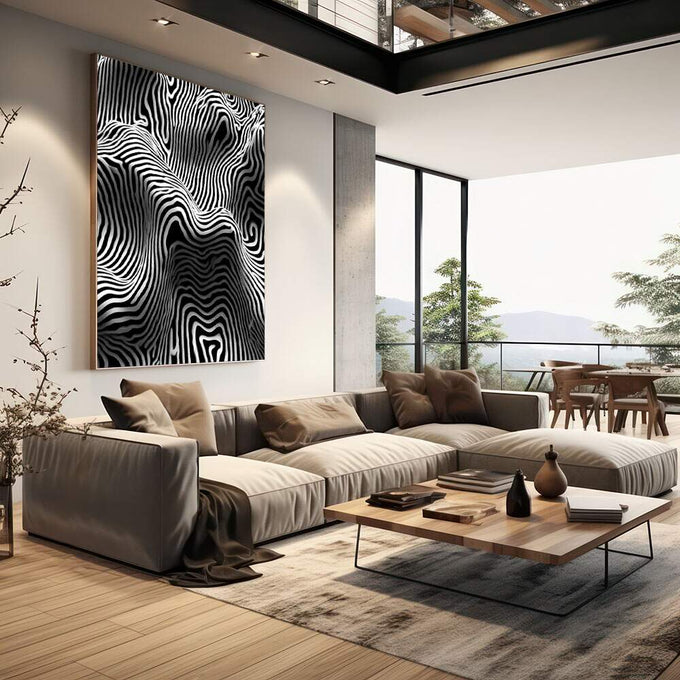 Quadro Decorativo Harmonia em Preto e Branco | quadros decorativos | Padrão de ondas sinuosas em preto e branco criando ilusão óptica abstrata e movimento contínuo | em Quadros para Escritorio | Porao dos Quadros