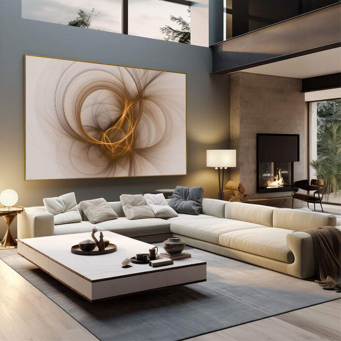 Quadro Decorativo Abstrato Elegante | quadros decorativos | Abstração geométrica com espiral dourada em tons bege e creme translúcidos | em Quadros para Escritorio | Porao dos Quadros