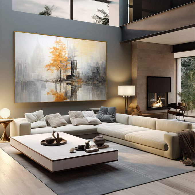 Quadro Decorativo Árvore Laranja Urban Art | quadros decorativos | Árvore dourada entre prédios cinzentos refletida em água calma urbana. | em Quadros para Escritorio | Porao dos Quadros