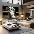 Quadro Decorativo - Escultura Clássica | quadros decorativos | Busto clássico em branco com linhas coloridas digitais rasgando a composição, efeito glitch em fundo preto. | em Quadros para Escritorio | Porao dos Quadros