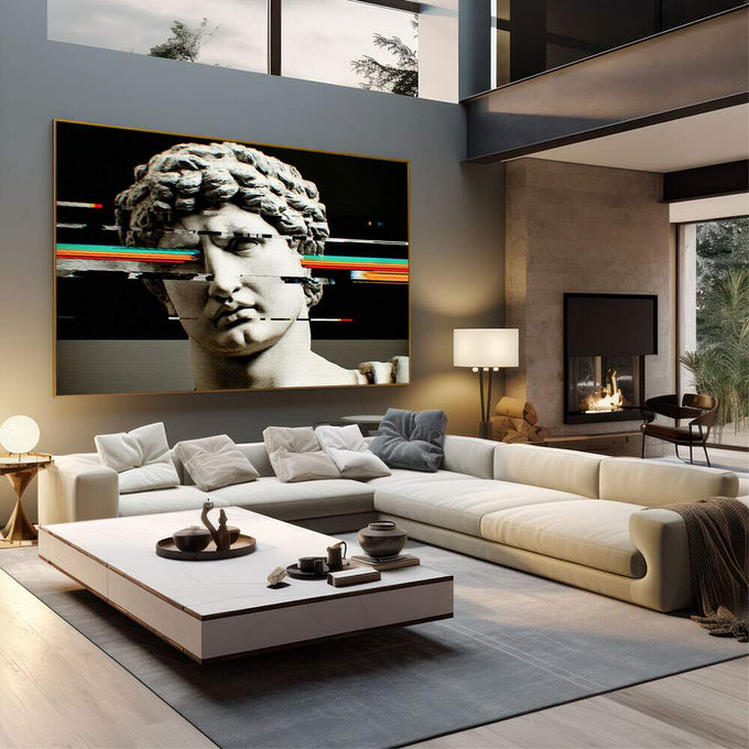 Quadro Decorativo - Escultura Clássica | quadros decorativos | Busto clássico em branco com linhas coloridas digitais rasgando a composição, efeito glitch em fundo preto. | em Quadros para Escritorio | Porao dos Quadros