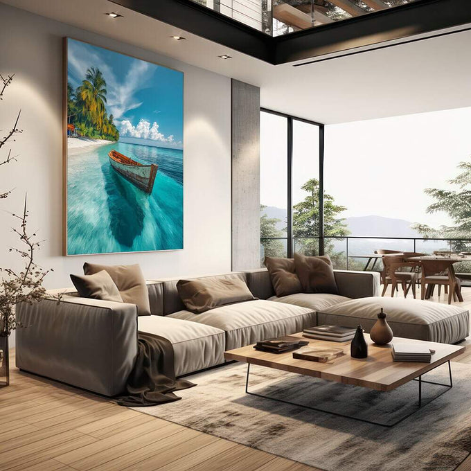 Quadro Decorativo Reflexos Tropicais Serene | quadros decorativos | Barco desgastado em água azul cristalina com palma tropical ao fundo e céu nublado | em Quadros para Escritorio | Porao dos Quadros