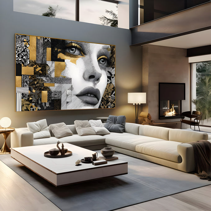 Rosto de mulher em traços preto e branco com detalhes dourados e mosaico geométrico, quadro decorativo