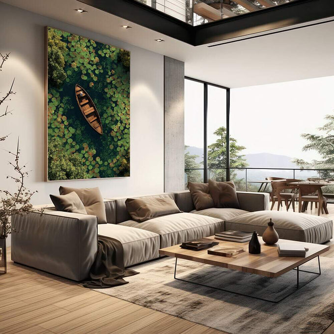 Quadro Decorativo Lago Sereno | quadros decorativos | Barco de madeira em lago com nenúfares verdes e bege em perspectiva aérea | em Quadros para Escritorio | Porao dos Quadros