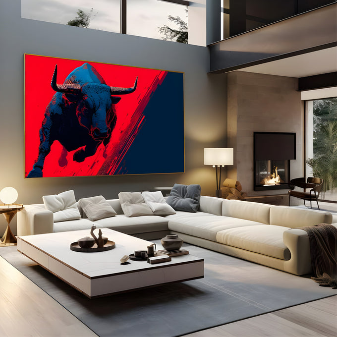 Touro azul em investida sobre fundo vermelho e azul-marinho em estilo pop art, quadro decorativo