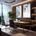 Quadro Decorativo Abstração Mármore e Cores Vibrantes | quadros decorativos | Duas telas abstratas em cinza, branco e dourado com linhas sinuosas e composição minimalista sofisticada | em Quadros para Escritorio | Porao dos Quadros