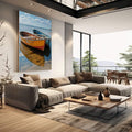 Quadro Decorativo Harmonia de Cores Náuticas | quadros decorativos | Três barcos coloridos flutuando em água cristalina com reflexo perfeito e céu azul ao fundo. | em Quadros para Escritorio | Porao dos Quadros