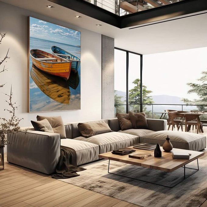 Quadro Decorativo Harmonia de Cores Náuticas | quadros decorativos | Três barcos coloridos flutuando em água cristalina com reflexo perfeito e céu azul ao fundo. | em Quadros para Escritorio | Porao dos Quadros