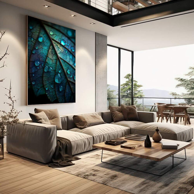 Quadro Decorativo Folhas Azuis e Verdes | quadros decorativos | Folha turquesa translúcida com gotas de orvalho brilhante e iluminação focal | em Quadros para Escritorio | Porao dos Quadros