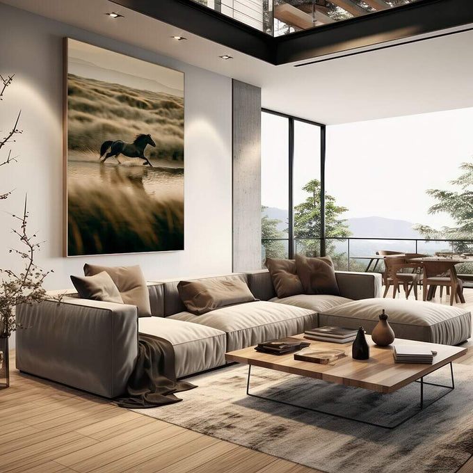 Quadro Decorativo Cavalo em Movimento | quadros decorativos | Cavalo preto galopando na água com paisagem árida ao fundo | em Quadros para Escritorio | Porao dos Quadros