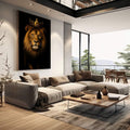 Quadro Decorativo Leão Dourado Majestoso | quadros decorativos | Leão majestoso com coroa dourada em fundo preto com iluminação dramática e realista | em Quadros para Escritorio | Porao dos Quadros