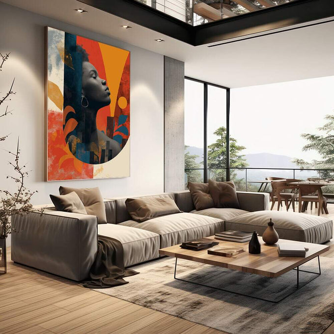 Quadro Decorativo Abstrato Serenidade e Força | quadros decorativos | Perfil feminino em preto envolvido por formas geométricas em vermelho, laranja e azul | em Quadros para Escritorio | Porao dos Quadros