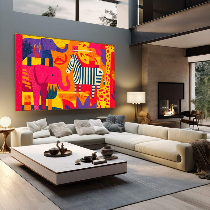 Quadro Decorativo Animais Estilizados Vibrantes | quadros decorativos | Zebra, girafa e elefante em pop art colorido com vermelho, amarelo, azul e laranja vibrantes | em Quadros para Escritorio | Porao dos Quadros