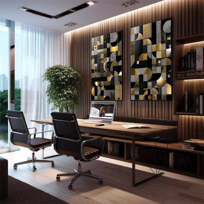 Quadro Decorativo Geometria Elegante | quadros decorativos | Painel abstrato geométrico com semicírculos, quadrados em ouro, preto, cinza e branco compostos em duas telas. | em Quadros para Escritorio | Porao dos Quadros