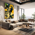 Quadro Decorativo Feminino Reflexivo e Moderno | quadros decorativos | Mulher pensativa em preto e branco com girassóis amarelos em composição geométrica colorida. | em Quadros para Escritorio | Porao dos Quadros