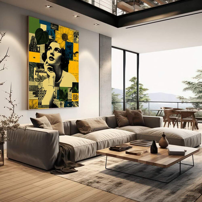 Quadro Decorativo Feminino Reflexivo e Moderno | quadros decorativos | Mulher pensativa em preto e branco com girassóis amarelos em composição geométrica colorida. | em Quadros para Escritorio | Porao dos Quadros