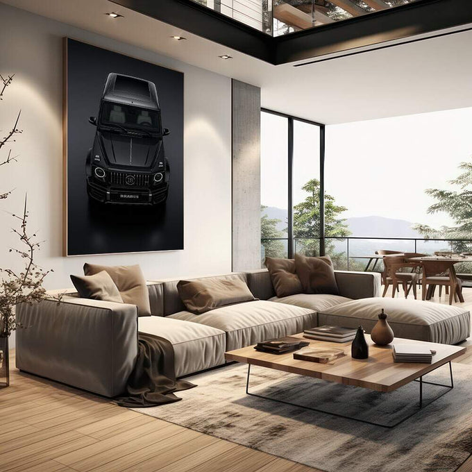 Quadro Esportivo Luxuoso: Estilo e Sofisticação | quadros decorativos | SUV preto luxury visto de frente em fundo cinza escuro com iluminação de estúdio profissional | em Quadros para Escritorio | Porao dos Quadros