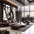 Quadro Decorativo Clássico e Moderno | quadros decorativos | Dois perfis abstratos em preto e branco com sobreposição geométrica em tons dourados. | em Quadros para Escritorio | Porao dos Quadros