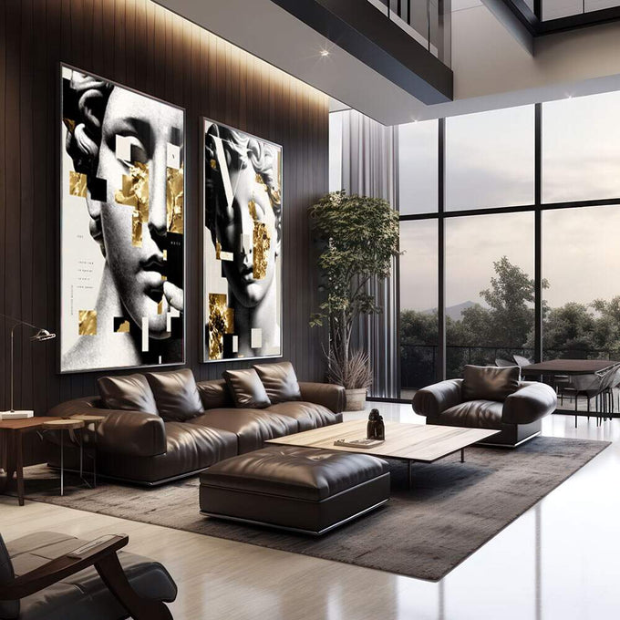 Quadro Decorativo Clássico e Moderno | quadros decorativos | Dois perfis abstratos em preto e branco com sobreposição geométrica em tons dourados. | em Quadros para Escritorio | Porao dos Quadros