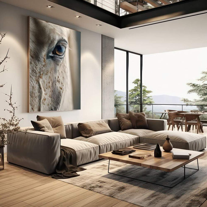 Quadro Decorativo Olhar do Cavalo | quadros decorativos | Rosto em preto e branco com iluminação lateral dramática destacando texturas e contraste | em Quadros para Escritorio | Porao dos Quadros