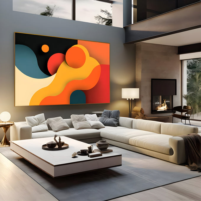 Abstrato com ondas e círculos em laranja, amarelo, vermelho, azul e preto, quadro decorativo