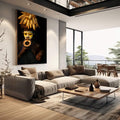 Quadro Decorativo Ancestralidade e Emoção | quadros decorativos | Figura indígena com rosto pintado em dourado, adornos circulares laranja e feixes de milho na cabeça | em Quadros para Escritorio | Porao dos Quadros