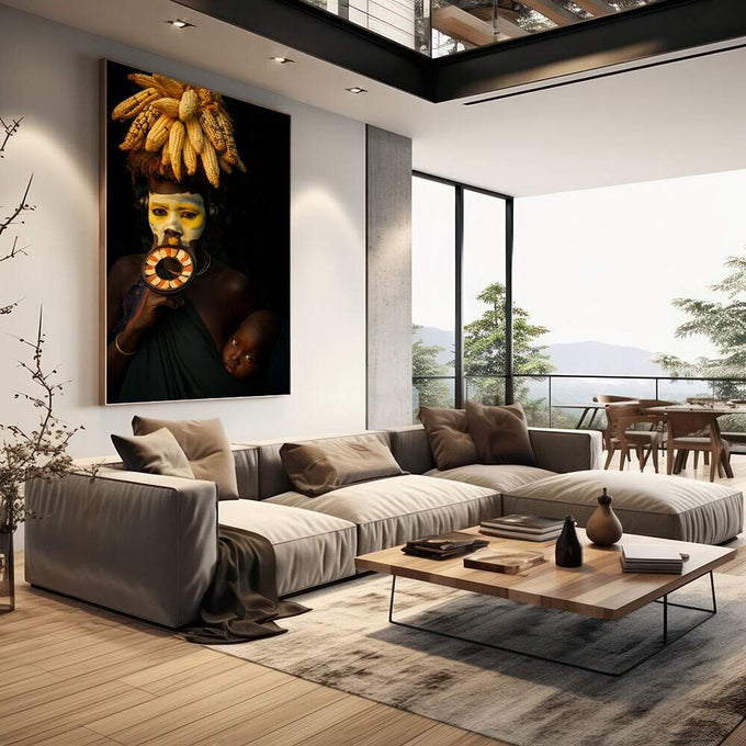 Quadro Decorativo Ancestralidade e Emoção | quadros decorativos | Figura indígena com rosto pintado em dourado, adornos circulares laranja e feixes de milho na cabeça | em Quadros para Escritorio | Porao dos Quadros