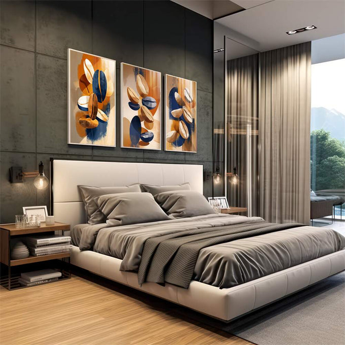 Quadro Decorativo Abstrato Orgânico em 3 Peças | quadros decorativos | Sementes e formas orgânicas em azul, laranja e bege flutuando em composição abstrata | em Quadros para Escritorio | Porao dos Quadros