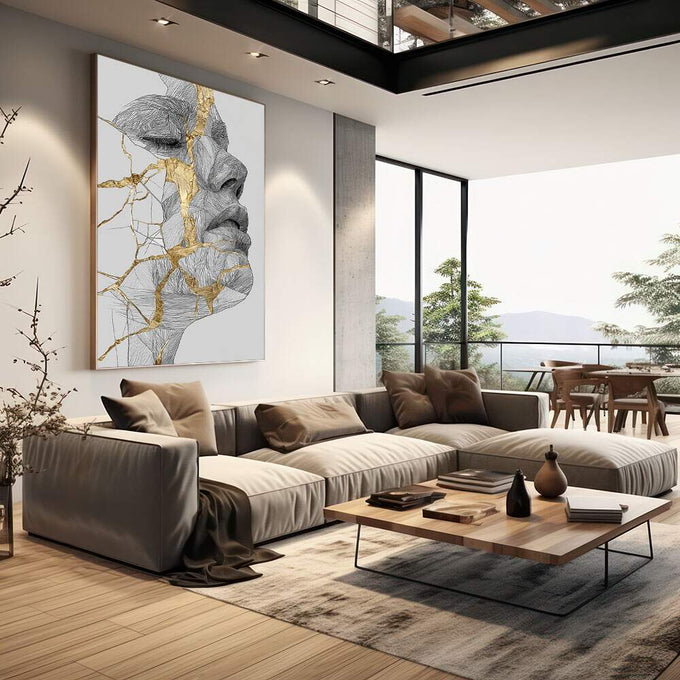 Quadro Decorativo Elegância Abstrata | quadros decorativos | Figura geométrica com linhas pretas e traços dourados em composição tridimensional minimalista | em Quadros para Escritorio | Porao dos Quadros
