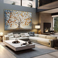 Quadro Decorativo Árvore da Vida Serena | quadros decorativos | Árvore com folhas brancas e douradas em composição realista com fundo azul cinzento | em Quadros para Escritorio | Porao dos Quadros