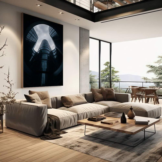 Quadro Decorativo Arquitetura Moderna e Harmônica | quadros decorativos | Edifício cilíndrico visto de baixo em perspectiva arquitetônica com céu nublado ao fundo | em Quadros para Escritorio | Porao dos Quadros