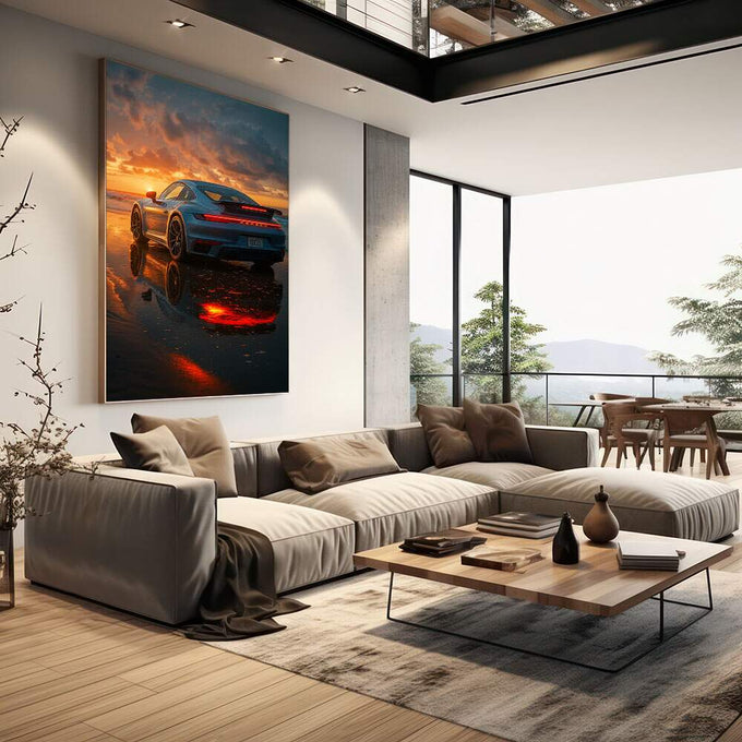 Quadro Decorativo Porsche ao Pôr do Sol | quadros decorativos | Porsche azul ao pôr do sol em praia com reflexo dourado na areia molhada | em Quadros para Escritorio | Porao dos Quadros