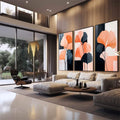 Quadro Decorativo Vibrante Trio de Flores Abstratas | quadros decorativos | Três telas com flores abstratas em laranja e azul sobre blocos geométricos em composição minimalista | em Quadros para Escritorio | Porao dos Quadros