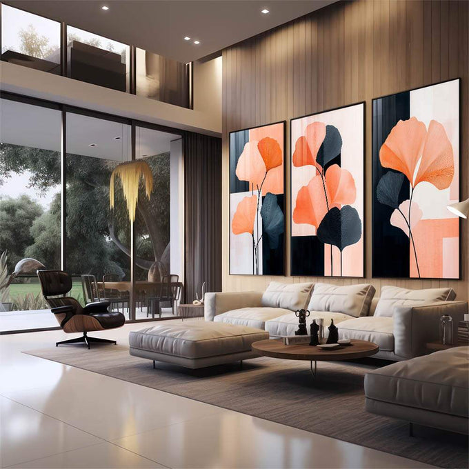 Quadro Decorativo Vibrante Trio de Flores Abstratas | quadros decorativos | Três telas com flores abstratas em laranja e azul sobre blocos geométricos em composição minimalista | em Quadros para Escritorio | Porao dos Quadros