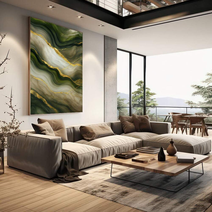 Quadro Decorativo Serenidade Natural | quadros decorativos | Abstrato com fluxos verdes e brancos, veios dourados, texturas fluidas e composição orgânica vertical. | em Quadros para Escritorio | Porao dos Quadros
